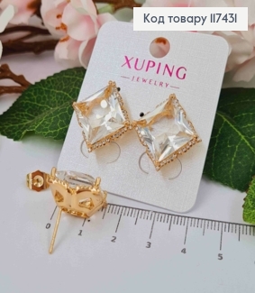 Серьги гвоздики, объемный Блестящий Прозрачный квадратный камень в оправе, 1,5*1,5см, XUPING 18K 117431 фото