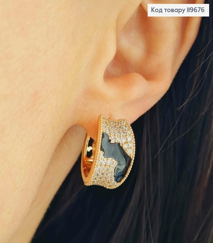 Серьги кольца широкие с блестящими камешками и черной эмалью, диаметр 1,6см, Xuping 18К. 119676 фото 2