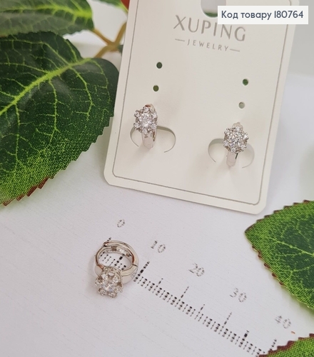 Сережки родированые кольца "Снежинка" с камнями, 1*0,5см, Xuping 180764 фото 1