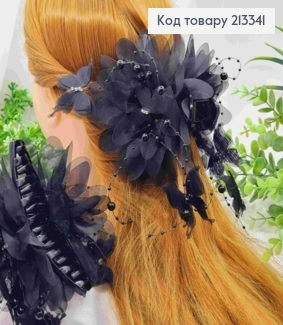 Краб пластик с бантиком из органзы, с бусинками, камешками и бабочками, 13см, ЧЕРНОГО цвета 213341 фото