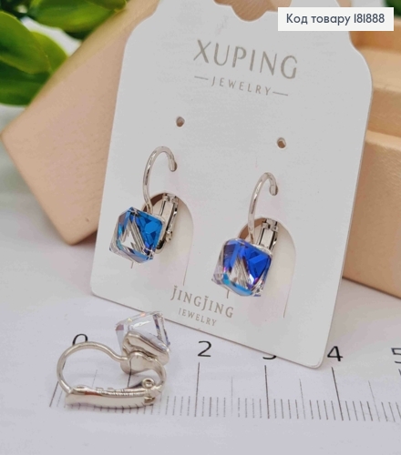 Серьги родованные с Квадратным Синим камнем Сваровски Хамелеон, 1,5см, застежка левербек, Xuping 181888 фото 2
