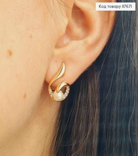 Серьги -гвоздики "Тайна" с блестящими камешками и жемчужиной, 1,8см, Xuping 18К 117671 фото 3