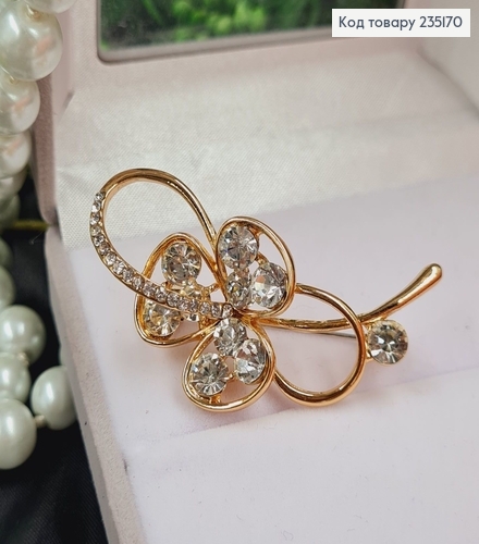 Брошка метал Цветок золото с камушками 5х2,5см 235170 фото 1