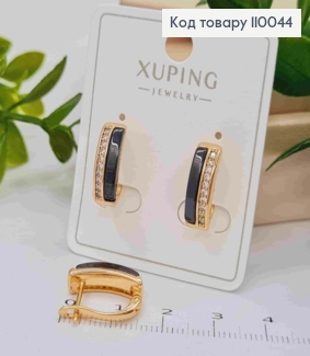 Сережки прикрашені Блискучими каменями та Чорною емаллю, довж.1,5см, англійська застібка, Xuping 18K 110044 фото