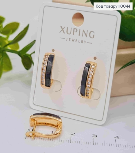 Серьги украшены Блестящими камнями и Черной эмалью, длина 1,5см, английская застежка, Xuping 18K 110044 фото 1