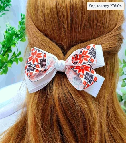 Бант БЕЛЫЙ с Красно-Черным орнаментом, на резинке, ткань репс, размер 10*6см, ручная работа 276104 фото 1