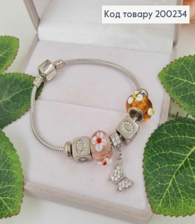 Браслет "Пандора" з Рожевим та Оранжевим шармиком, з кубиками в камінцях, довж 18см. Xuping 18K 200234 фото