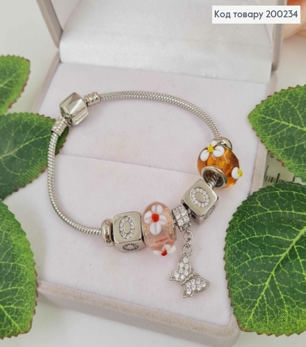 Браслет "Пандора" з Рожевим та Оранжевим шармиком, з кубиками в камінцях, довж 18см. Xuping 18K 200234 фото 1