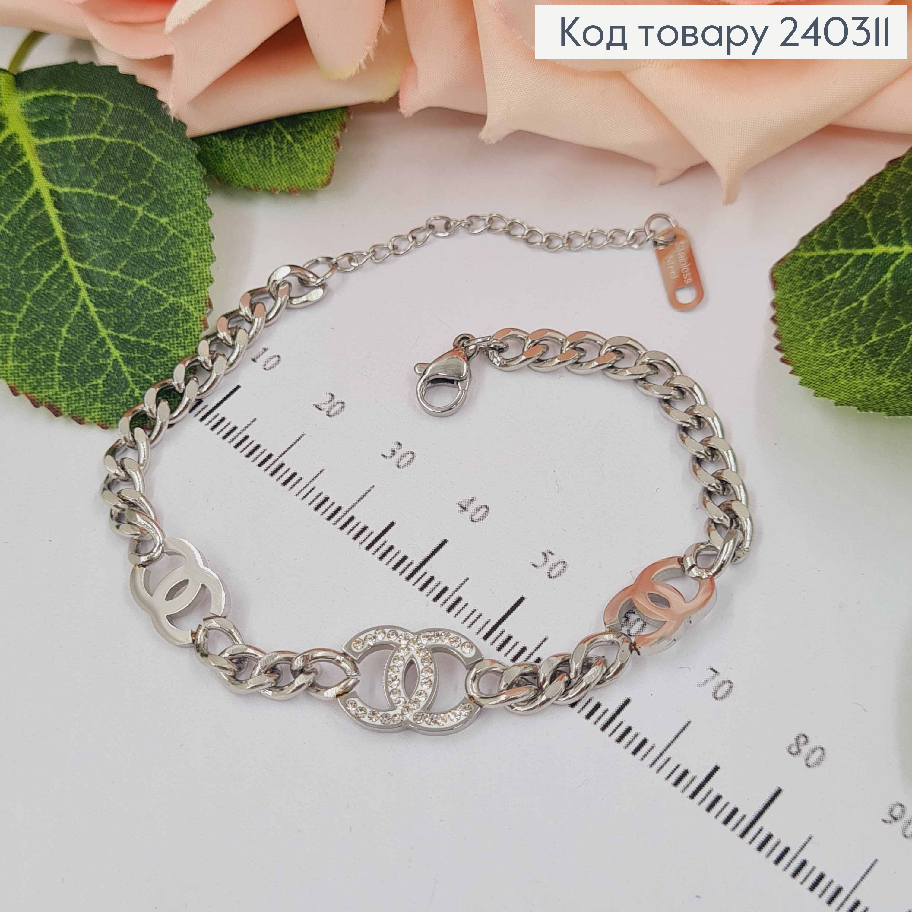 Браслет серебряного цвета, "Шанель" панцирное плетение, 17+3,5см сталь Stainless Steel 250005 фото 2