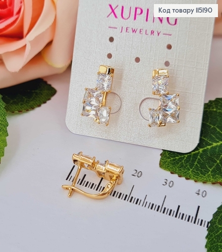 Сережки "Тетріс" з квадратними камінцями, 1,5см англ. заст.  Xuping 18K 115190 фото 1