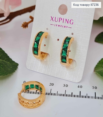 Серьги колечки с ЗЕЛЕНЫМИ КАМЕШКАМИ, диаметр 1,9см, ширина 5,5мм XUPING 18K 117236 фото 1