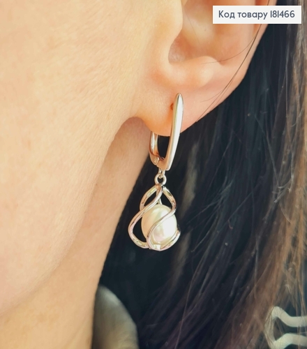 Серьги родованные, с подвесной жемчужиной в спирали, 3,1см, англ застежка, Xuping 181466 фото 3