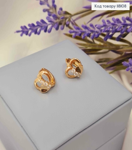 Серьги кольца "Двойное Сердце" с Блестящими камешками, диаметр 1,1см, Xuping 18К 118108 фото 2