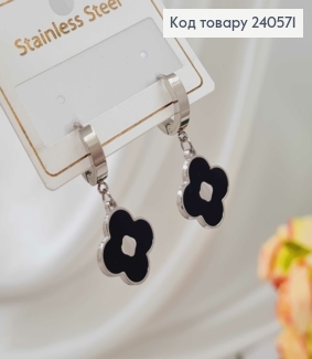 Серьги кольца, подвески Четырехлистники, с черной эмалью, 1,5см, серебряного цвета, сталь Stainless Steel 260053 фото