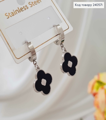 Серьги кольца, подвески Четырехлистники, с черной эмалью, 1,5см, серебряного цвета, сталь Stainless Steel 260053 фото 1