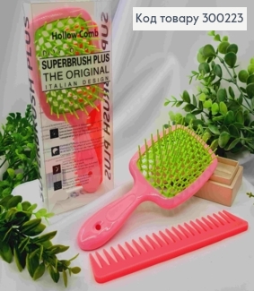 Набор: щетка для волос Розовая с Салатовым + Розовый гребень, "Hollow Comb" Superbrush, 20,5*8см 300223 фото