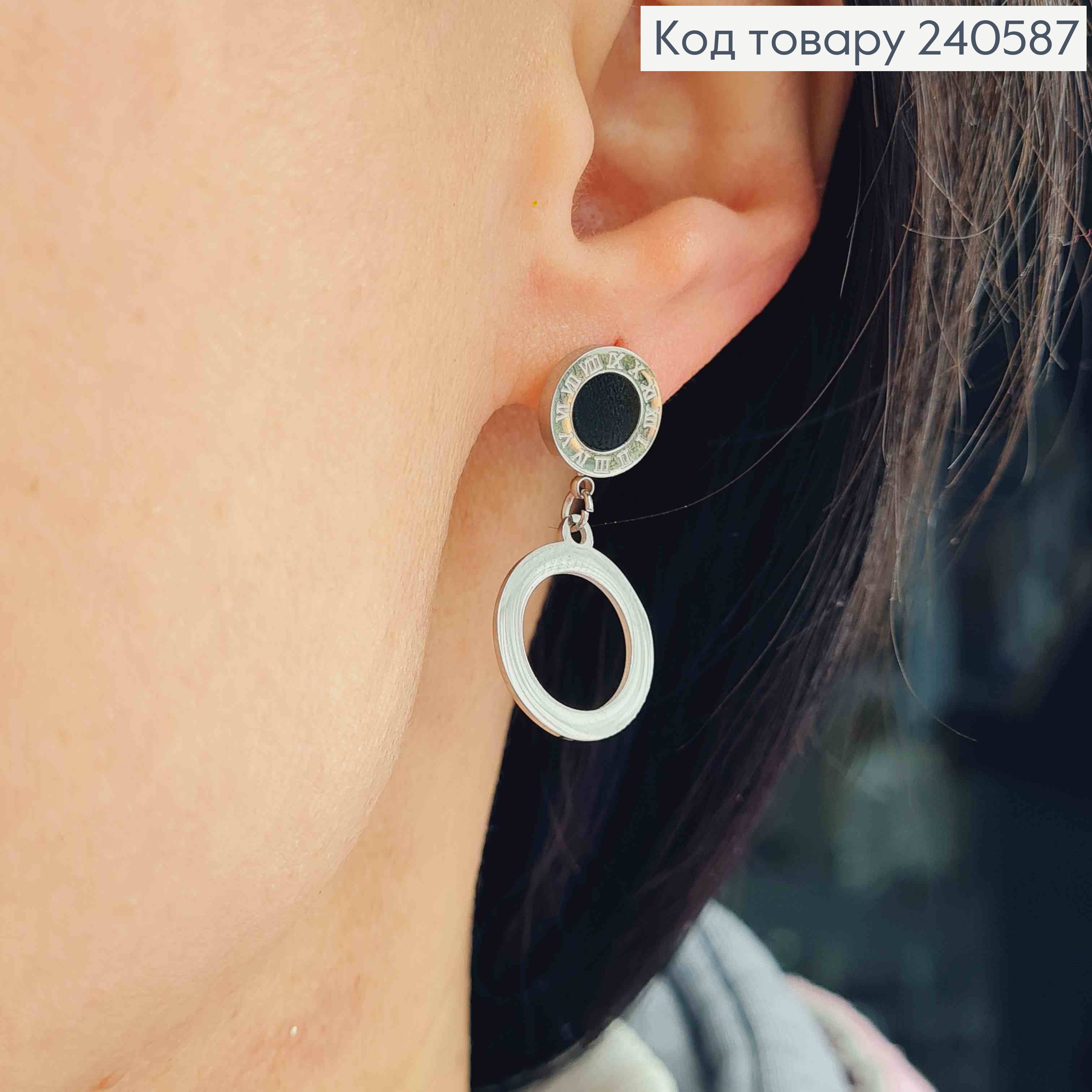 Серьги гвоздики, Римские часы с черной эмалью и подвеской кольцом, серебряные, Stainless Steel 260059 фото 1
