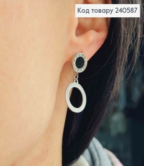 Серьги гвоздики, Римские часы с черной эмалью и подвеской кольцом, серебряные, Stainless Steel 260059 фото