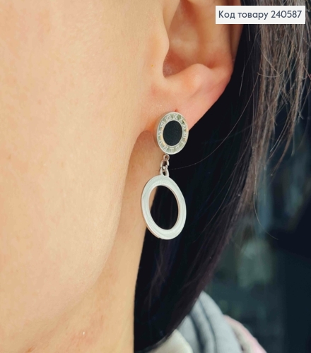 Серьги гвоздики, Римские часы с черной эмалью и подвеской кольцом, серебряные, Stainless Steel 260059 фото 1