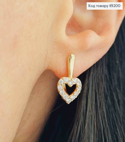Сережки "Серце" прикрашені Блискучими камінцями, 1,6см, англійська застібка,  Xuping 18K 119200 фото 1