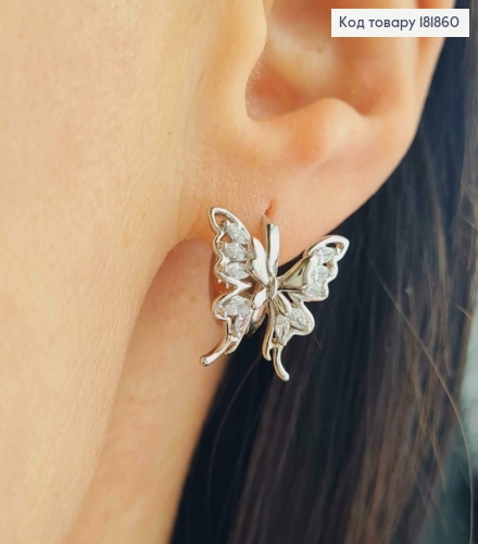 Серьги родованные кольца "Бабочка" с Блестящими камешками, диаметр 1,3см, Xuping 181860 фото 1