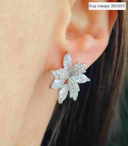 Сережки гвіздки срібного кольору, "Кленове листя" в камінцях (1,8см),сталь XianGuang 260203 фото 1