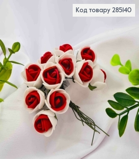 Искусственное приложение Роза фомова (12шт/пучок), БЕЛО-КРАСНОГО цвета, на дротиках, 8см 285140 фото