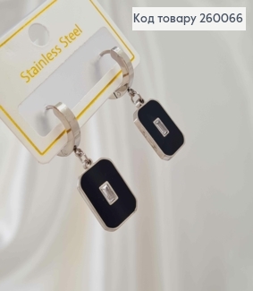 Серьги кольца 1,3см+ подвеска с черной эмалью 1,6см, серебряного цвета, сталь Stainless Steel 260066 фото