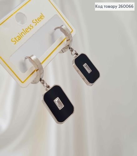 Серьги кольца 1,3см+ подвеска с черной эмалью 1,6см, серебряного цвета, сталь Stainless Steel 260066 фото 1