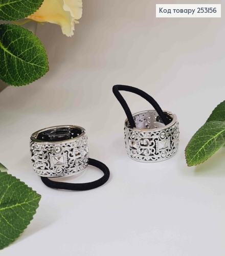 Резинка высокого хвоста, с фактурным зажимом серебряного цвета, диам. 3,5см. 253156 фото 1