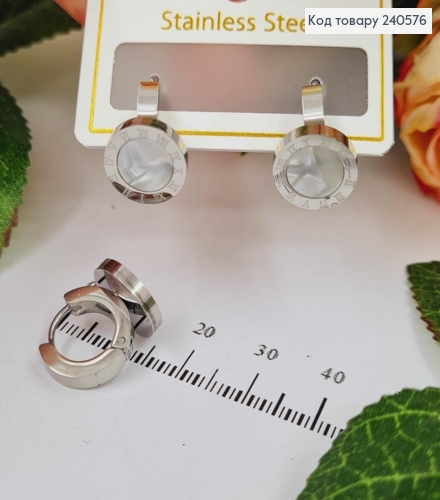 Серьги кольца 1см, Римские часы с белой эмалью, серебряного цвета, Stainless Steel 260049 фото 2