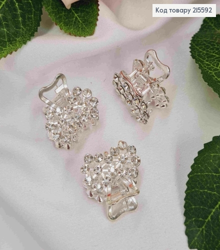 Краб метал "Квітковий Бантик", 2,5см в камінцях , срібного кольору 215592 фото 1