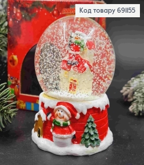 Новорічна Снігова Куля, скляна на керамічній основі, "СНІГОВИК на Криші", висота 9см, діаметр 7см 691155 фото