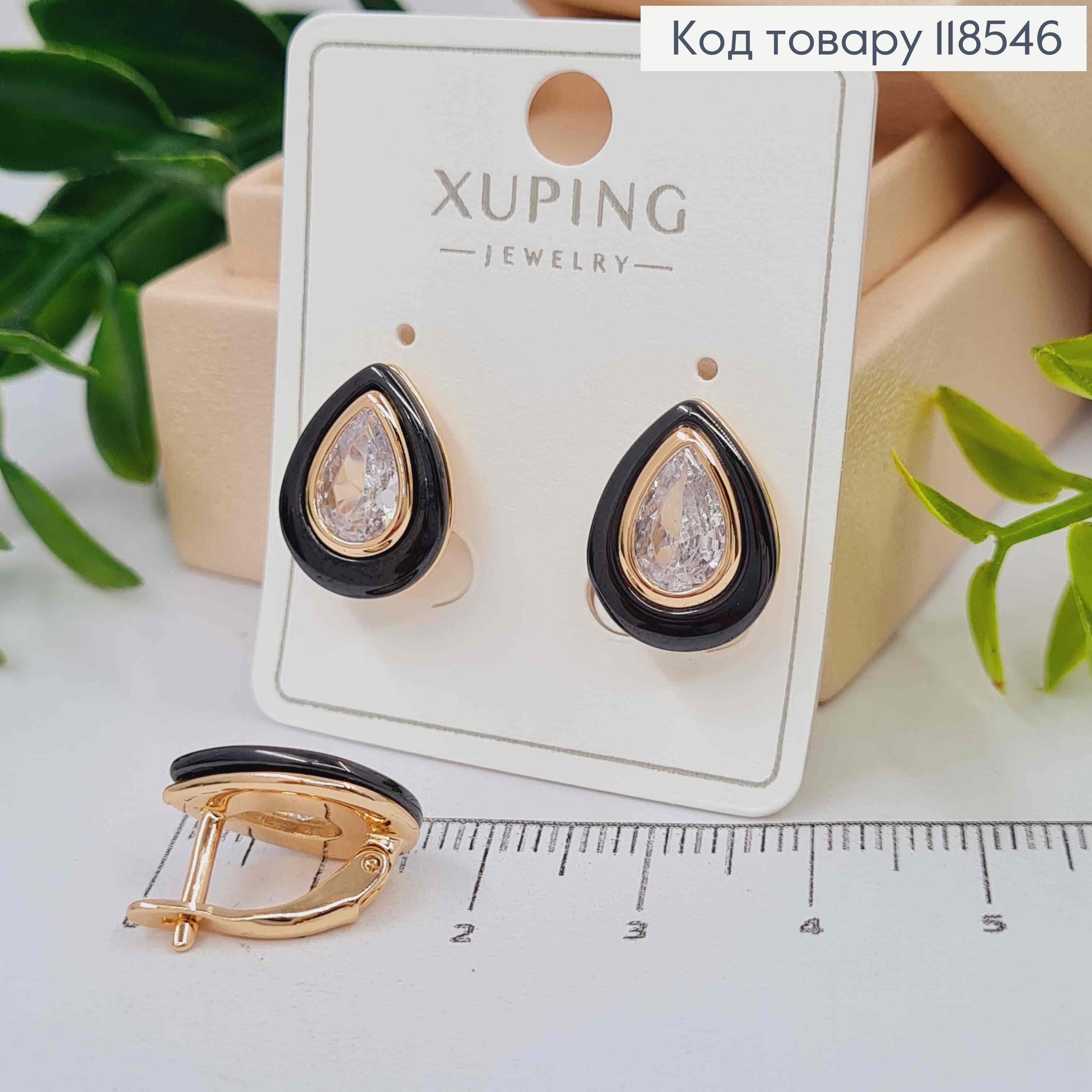 Серьги "Капельки" украшены Черной эмалью и Блестящим камнем, 1,5см, англ. застежка,Xuping 18К 118546 фото 1