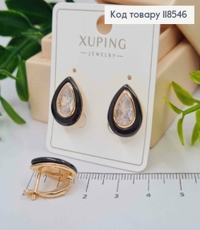 Сережки "Краплинки" прикрашені Чорною емаллю та Блискучим каменем, 1,5см, англ. застібка,Xuping 18К 118546 фото