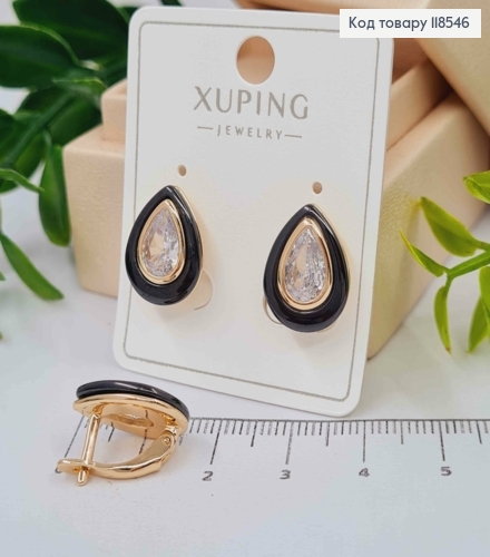 Серьги "Капельки" украшены Черной эмалью и Блестящим камнем, 1,5см, англ. застежка,Xuping 18К 118546 фото 1