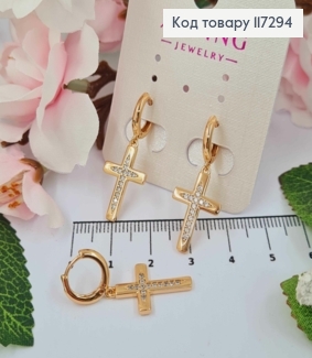 Серьги Кольца 1,1см, с подвесками Крестиками в камешках, 1,8см, Xuping 18K 117294 фото