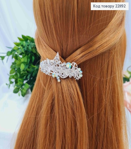 Заколка автомат, АЖУРНАЯ БАБОЧКА украшена Блестящими камешками, Серебряного цвета, 7,5см 221192 фото 1