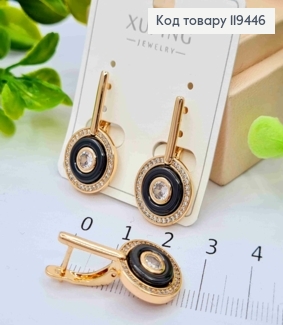 Серьги "Retro" с Блестящими камешками и Черной эмалью, 2,7см, английская застежка, Xuping 18К 119446 фото