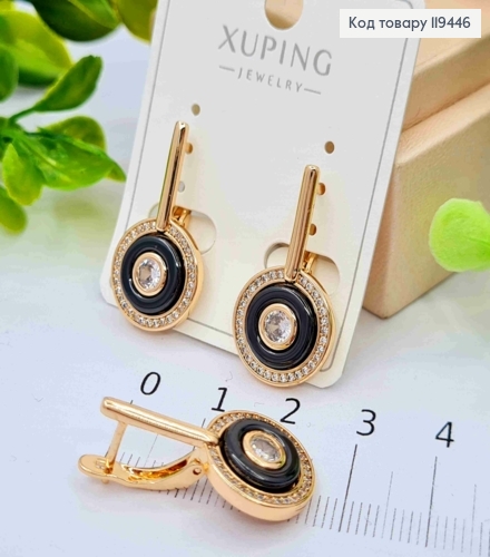 Серьги "Retro" с Блестящими камешками и Черной эмалью, 2,7см, английская застежка, Xuping 18К 119446 фото 1