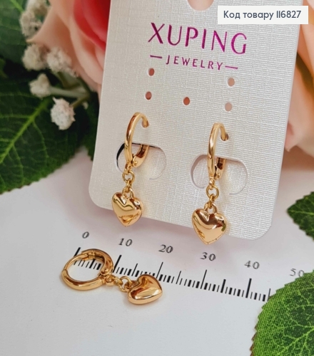 Серьги кольца, с подвесками выпуклыми сердечками 1,1см, Xuping 18К 116827 фото 3