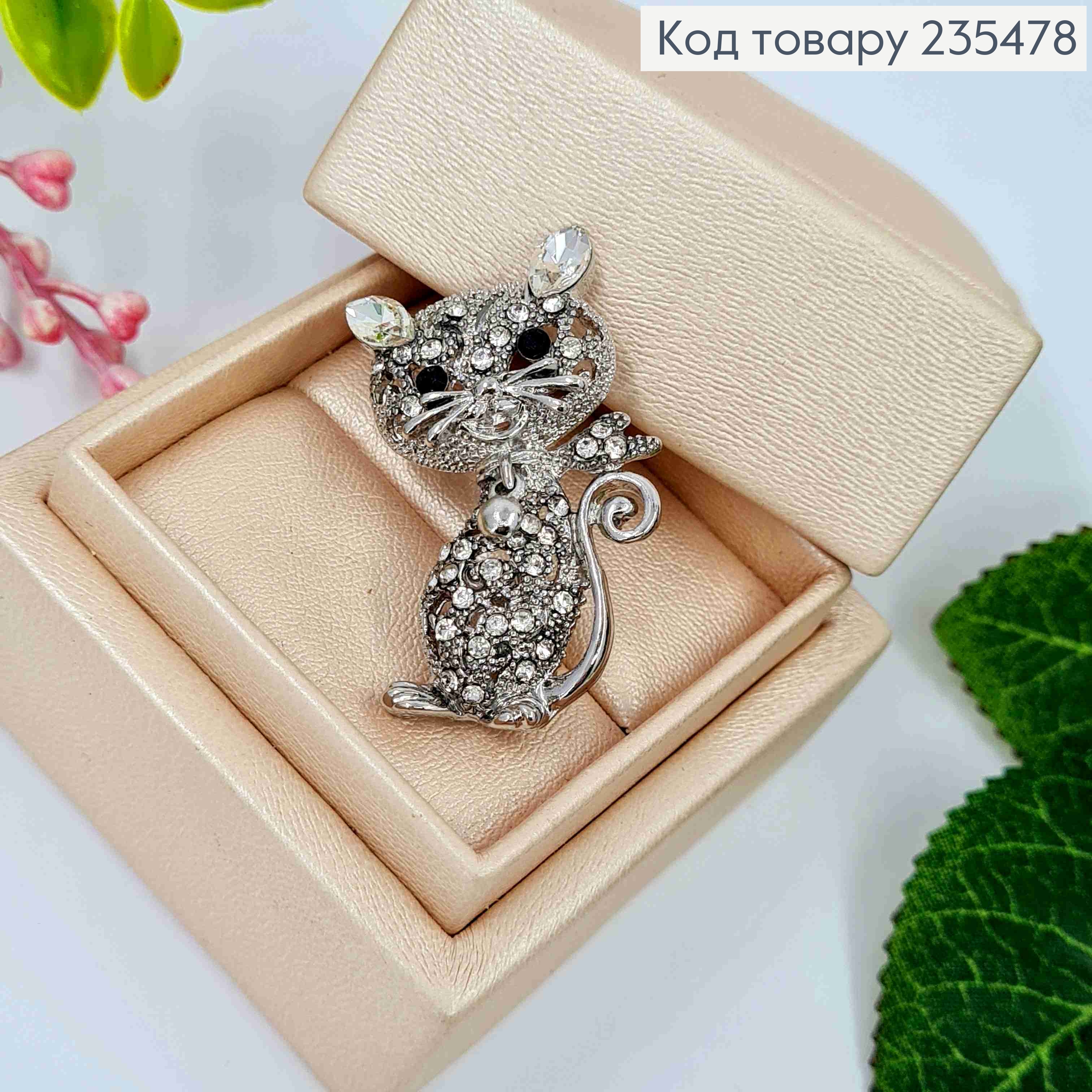 Брошь "Котик" Серебряного цвета, с камешками, размер 3,8*2см 235478 фото 2