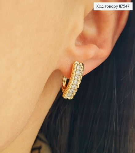 Серьги "Золотые Колосья" с блестящими камешками в один ряд, 1,7см, англ. застежка, XUPING 18K 117547 фото 3