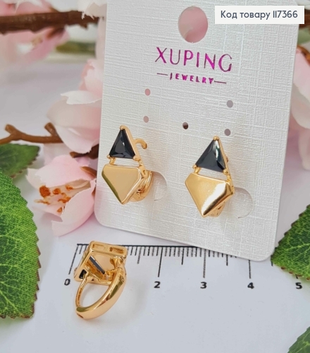 Серьги кольца 1,4см, Ромбик с Треугольным Черным камешком, размер 1,5*1см, Xuping 18K 117366 фото 1