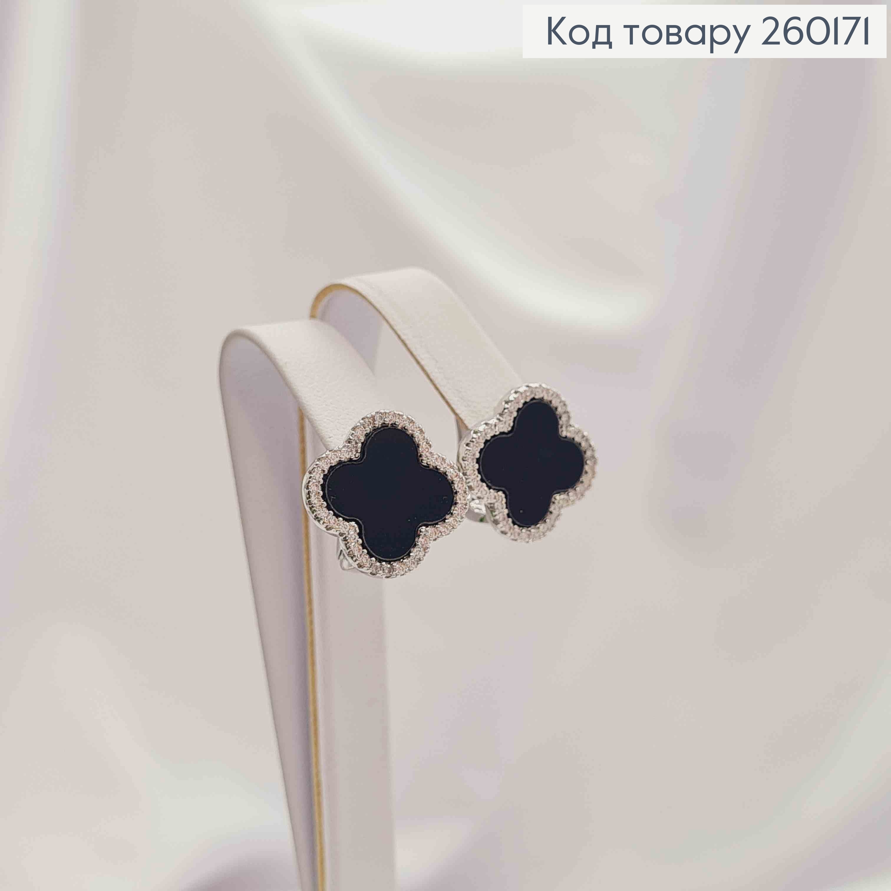 Серьги серебряного цвета, Van Cleef с Черной эмалью и Блестящими камешками (1,5см), Fashion Jewelry 260171 фото 2