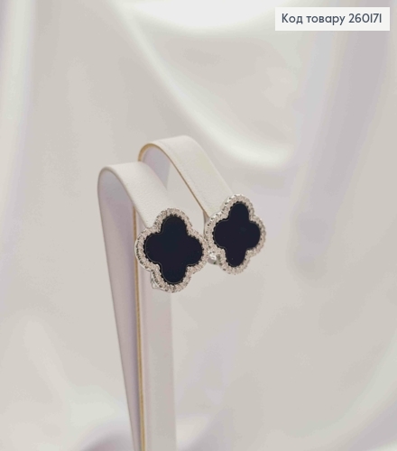 Серьги серебряного цвета, Van Cleef с Черной эмалью и Блестящими камешками (1,5см), Fashion Jewelry 260171 фото 2