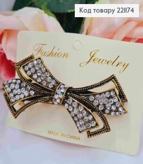 Заколка автомат, БАНТИК "Острый" с Блестящими камешками, Золотого цвета, 8,5см. 221174 фото