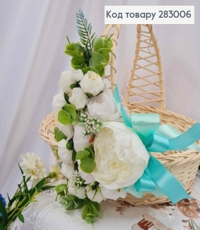 Повязка для корзины Пион с цветочками и салатовым бантиком 28*17см, на завязках 283006 фото