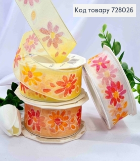 Лента тканевая, с Люрексом и принтом "Цветы" в ассортименте, ширина 4см, длина 20 метров 728026 фото