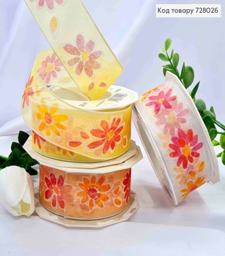 Лента тканевая, с Люрексом и принтом "Цветы" в ассортименте, ширина 4см, длина 20 метров 728026 фото 1